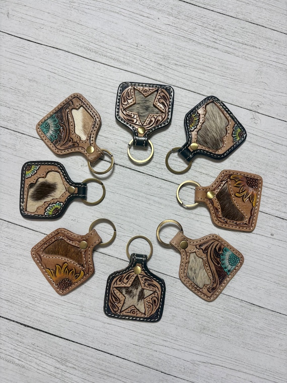 Tooled Leather Cowhide Ear Tag Keychain: Western Leather, Hair-On Hide