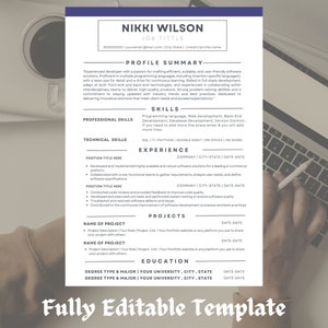 May include: A resume template with a blue and gray color scheme. The template includes sections for profile summary, skills, experience, projects, and education. The template is fully editable.