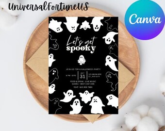 May include: Black and white Halloween party invitation with a spooky theme. The invitation features a black background with white ghosts and the text "Let's get spooky". The invitation also includes details about the party, such as the date, time, and location.