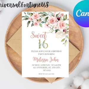 Pink Floral Sweet Sixteen Einladung Vorlage (Digitaler Download)