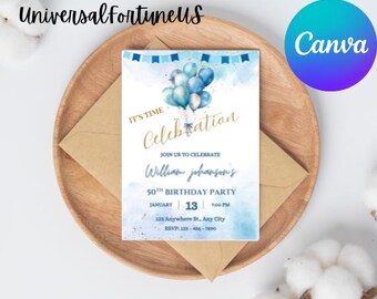 Blue & Silver 50th Birthday Invitation Template (Editable Canva Design)