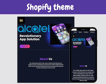 May include: A dark blue and purple website mockup for a social media app called "alcatel". The website features a large image of a smartphone with a glowing blue and purple effect. The text "Revolutionary App Solution" is displayed in white on a black background.