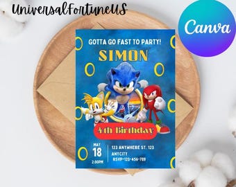 Sonic Birthday Invitation: Hedgehog Party, Editable Canva Template (Digital Download)
