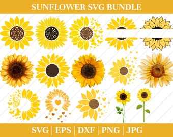 Lot tournesol SVG : Clipart floral, fichiers de coupe vectorielle (téléchargement numérique)