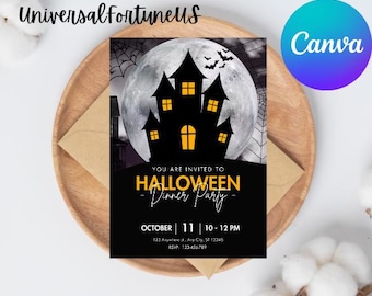 Puede incluir: Una invitación a una fiesta de Halloween en blanco y negro con una silueta de una casa encantada frente a una luna llena. El texto dice "Estás invitado a la cena de Halloween" con la fecha y la hora "11 de octubre, 10-12 PM".