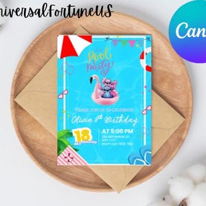 Convite de aniversário para festa na piscina de costura para menina Convite editável de festa na piscina de costura e anjo Convite de aniversário para festa na piscina para meninas