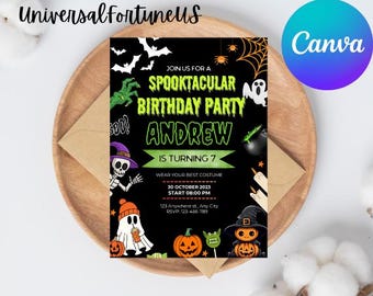 May include: A black and green Halloween birthday party invitation for Andrew, who is turning 7. The invitation features a spooky cartoon ghost, a skeleton, a pumpkin, and a witch. It says "Join us for a Spooktacular Birthday Party" and includes the date, time, and location of the party.