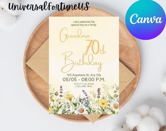 Invitation florale pour 90e anniversaire : modèle de toile modifiable (téléchargement numérique)