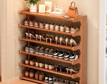 Bamboo Shoe Rack - Space-Saving, 5-6 Multi-Layer Freestanding Organizer with Wood Grain Finish