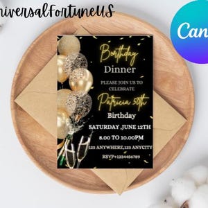 Modelo de convite digital para jantar de aniversário, convite glam black tie, convite preto dourado diamante evite para homens e mulheres, cartão autoeditável