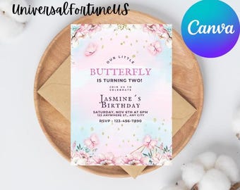 Rosa Schmetterling-Einladung zum Geburtstag: Blumengarten-Mädchen (Canva Template)