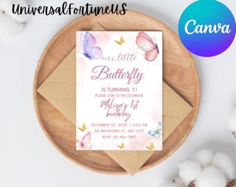 Purple Butterfly First Birthday Invitation: Girl Party (EDITABLE Digital Download)