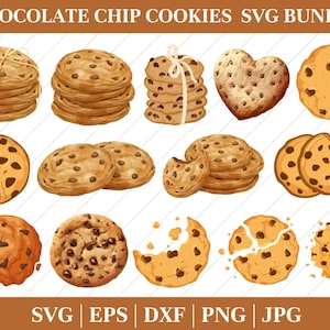 May include: A collection of watercolor-style illustrations of chocolate chip cookies. The image includes various cookie arrangements, including stacks tied with twine, a heart-shaped cookie, and cookies with bites taken out. The text "CHOCOLATE CHIP COOKIES SVG BUNDLE" is at the top.