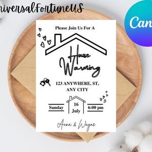 Modelo editável de convite para aquecimento de casa, cartão para impressão de novo convite para casa, convite para festa de aquecimento de casa para impressão, modelo Canva