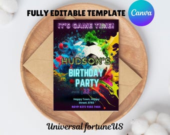 May include: Editable birthday party invitation template with a soccer ball graphic and neon text that says "It's Game Time!" and "Hudson's Birthday Party".