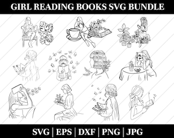 Lezende vrouw lijntekeningen SVG-bundel: minimalistische één lijntekening clipart (digitale download)