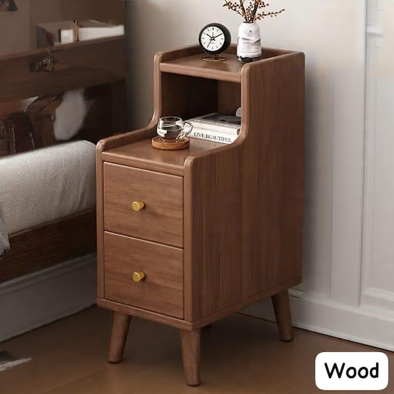 Wood Solid Bamboo Narrow Bedside Table with Storage - Space-Saving Ultra-Slim Nightstand Cabinet