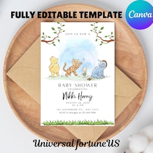 Faire-part Winnie l'ourson classique, baby shower, tombola de couches, demande de livre, carte de remerciement, ensemble Winnie l'ourson modifiable Templett