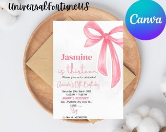 Pink Bow 13th Birthday Invitation: Editable Coquette Template (Digital)