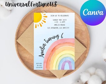 Watercolor Rainbow Birthday Invitation: Editable Canva Template (Digital E-Invite)