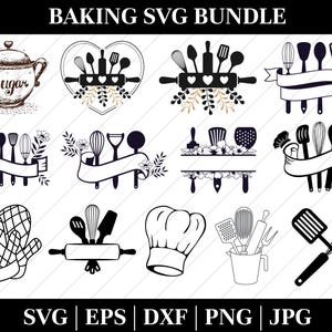 May include: A black and white SVG bundle featuring various baking-themed designs. Included are illustrations of a sugar bowl, rolling pins, whisks, spatulas, oven mitts, and a chef's hat. The text "BAKING SVG BUNDLE" is at the top.