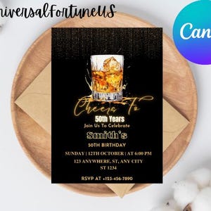 Modèle modifiable d'invitation d'anniversaire de whisky, invitation d'anniversaire d'homme adulte imprimable de dîner, 30e 40e 50e 60e n'importe quel âge inviter de liqueur de scotch