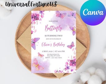 Butterfly Birthday Invitation Template: Floral Purple Party (Editable Digital Download)