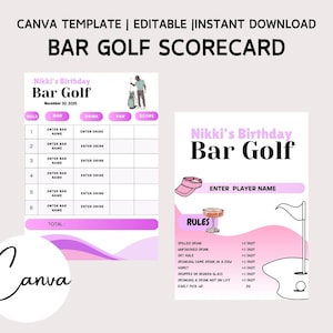 Tarjeta de puntuación de rastreo de golf de bar / Plantillas Canva editables / Golf de barra imprimible / Tarjeta de soltero / Juegos de fiesta de cumpleaños / Plantilla rosa personalizable