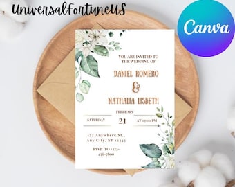 Dusty Sage Green Wedding Invitation Template: Eucalyptus & Pampas (Digital Download)