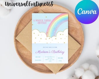 Plantilla de invitación de cumpleaños de unicornio: arcoíris pastel, editable (descarga digital)