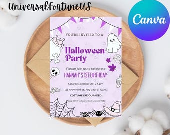 May include: Purple and white Halloween party invitation with a cartoon ghost, cauldron, spider, and witch's hat. The text reads "You're invited to a Halloween Party. Please join us to celebrate Hannah's 1st Birthday. Saturday, October 28 | 2-5 pm. 123 Anywhere st, Any City, ST 12345. Costume encouraged. Please RSVP to Cabrielle at 123-456-7890."