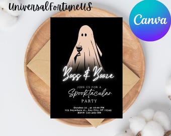 Invitación editable para fiesta de Halloween de "Abucheos y bebidas alcohólicas" (descarga digital)