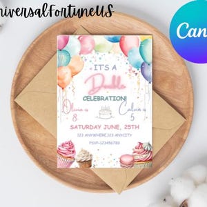 May include: A white invitation card with a watercolour illustration of colourful balloons and confetti. The text reads "It's a Double Celebration Olivia is 8 Calvin is 5 Saturday June, 25th 123 Anywhere 123 Anycity RSVP-123456789".