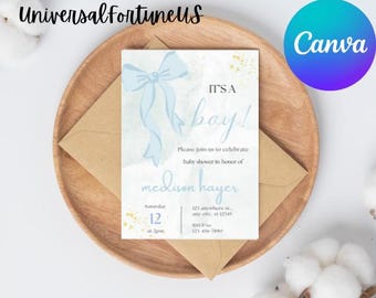 Szablon zaproszenia na baby shower w kolorze Dusty Blue Bow (do pobrania w wersji cyfrowej)