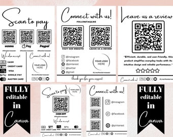 May include: A set of four printable cards with black text on a white background. The cards feature QR codes, social media icons, and the text "Scan to pay", "Connect with us!" and "Leave us a review!" The cards are fully editable in Canva.