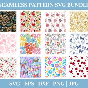 May include: A selection of twelve seamless pattern designs featuring floral, butterfly, and paisley motifs in diverse colours. The text "SEAMLESS PATTERN SVG BUNDLE" is at the top, with file type abbreviations at the bottom.