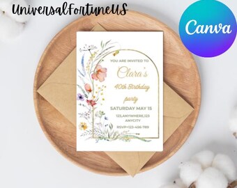 May include: A floral-themed invitation card with a gold border and text that reads "You are invited to Clara's 40th Birthday party Saturday May 15 123,ANYWHERE, 123 ANYCITY RSVP-123-456-789"
