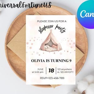 Invito di compleanno per pigiama party, tenda indiana per pigiama party (stampabile digitale, modificabile, scaricabile da Canva)