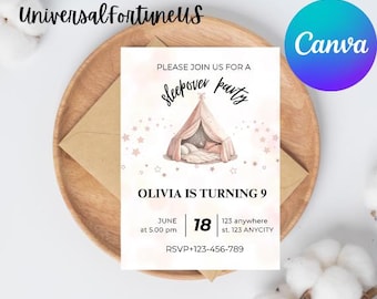 Sleepover Birthday Invitation, Slumber Party Teepee Tent (Digital Printable Editable Download Canva)