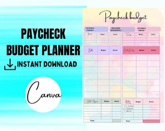 Puede incluir: Un planificador de presupuesto imprimible con un fondo de acuarela pastel rosa, azul y amarillo. El planificador incluye secciones para el monto del cheque de pago, la fecha/el mes, el período, las facturas, los sobres de efectivo y el depósito directo. El texto "Paycheck Budget" está en la parte superior de la página.