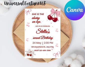 Invitación de cumpleaños editable de cerezas: Lazos rosas y frutas de verano (descarga digital)