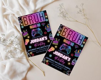 Bruh Birthday Invitation: Neon Game Party, Editable Template (Digital Download)