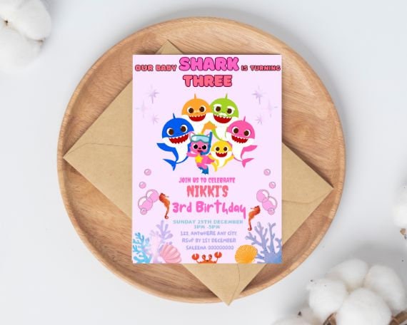 Editable Pink Baby Shark Birthday Invitation Girl Kids Party Invite Canva Template for Instant Digital Download