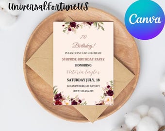 70th Birthday Invitation: Blush Rose Gold Floral Design (Digital Editable Invite)