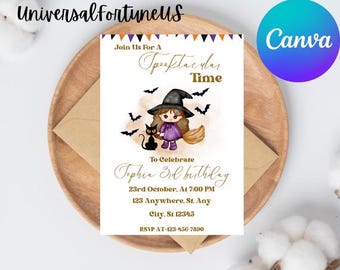 May include: A Halloween-themed birthday invitation with a cartoon illustration of a witch with a black cat and bats. The text reads "Join Us For A Spooktacular Time To Celebrate Sophia's 3rd Birthday 23rd October, At 7:00 PM 123 Anywhere, St. Any City, St 12345 RSVP AT-123-456-7890"