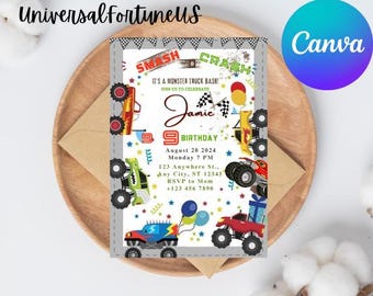 Modèle d'invitation d'anniversaire Monster Truck modifiable (téléchargement numérique)