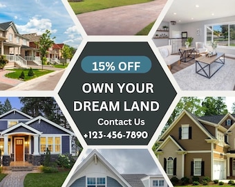 May include: A collage of images showcasing different houses with a text overlay that reads "15% OFF OWN YOUR DREAM LAND Contact Us +123-456-7890".