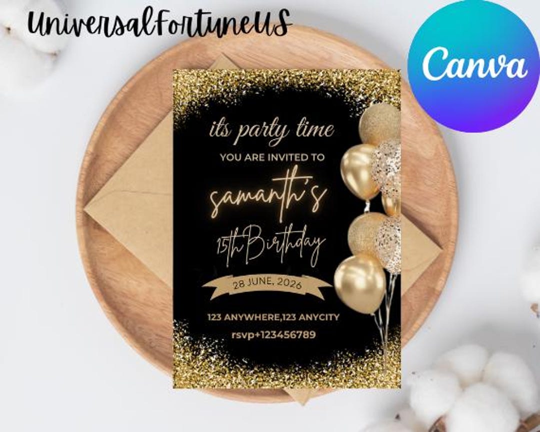 Black and Gold Birthday Invitation: Editable Party Invite (digital ...