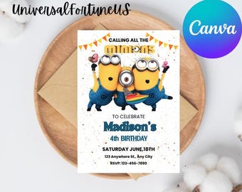 Bewerkbare Minions-verjaardagsuitnodiging: afdrukbare uitnodiging voor kinderfeestje (5 x 7) (digitale download)