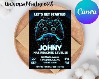 May include: A blue and black video game controller graphic on a black background with the text "Let's Get Started" and "Johny Has Reached Level 15". The invitation includes the date "20 Sep", time "5-8 PM", address "123 Maple Avenue, Springfield, IL62701, United States", and RSVP information.